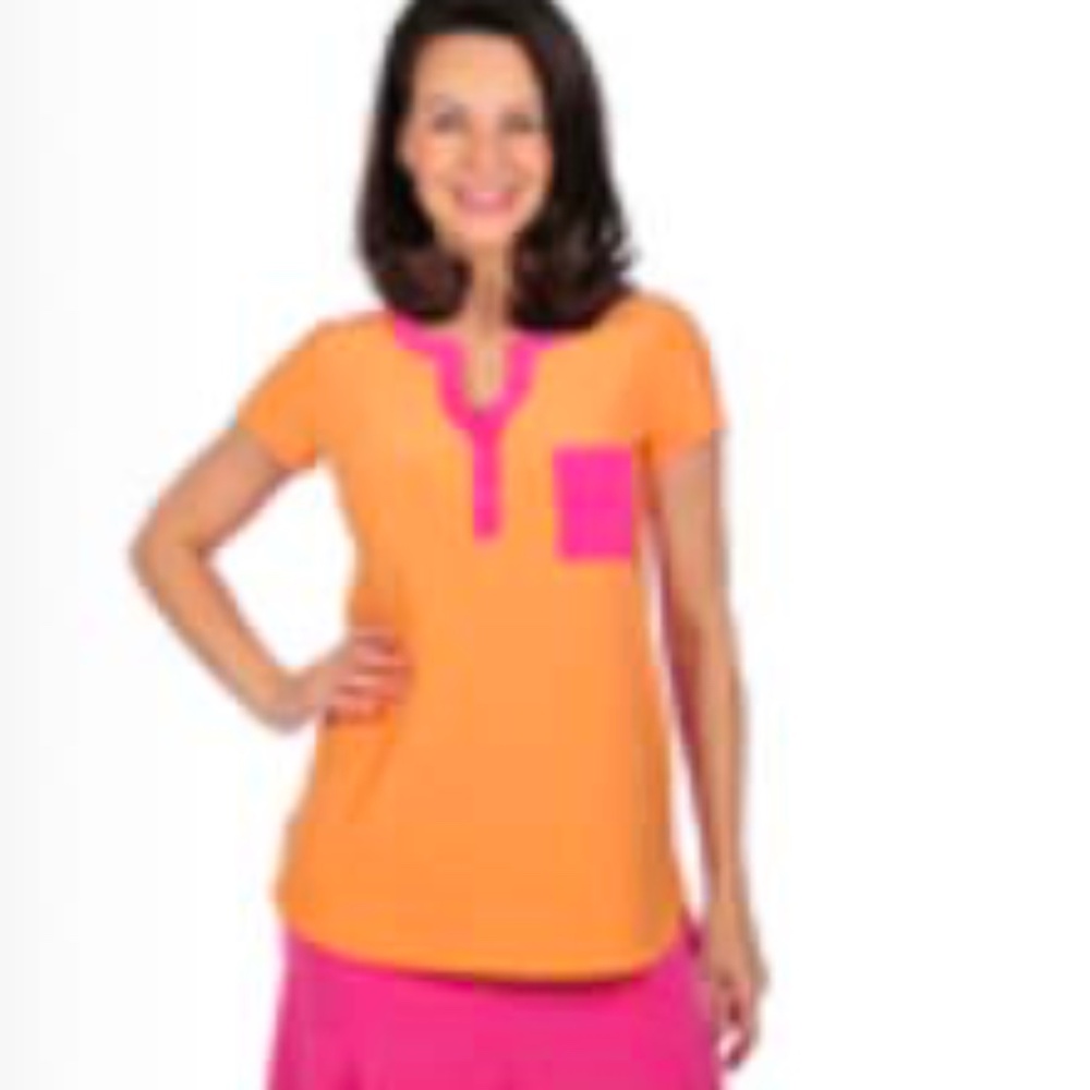 TUNIC, ORANGE/PINK, SIZE 3X, FRONT POCKET, ENHANCED NECKLINE, SHORT SLEEVES,